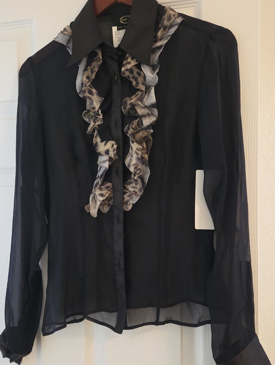 Just Cavalli Tops - Just Cavalli Sheer Black Silk Blouse with Leopard Ruffle & Satin Trim - 44 / S